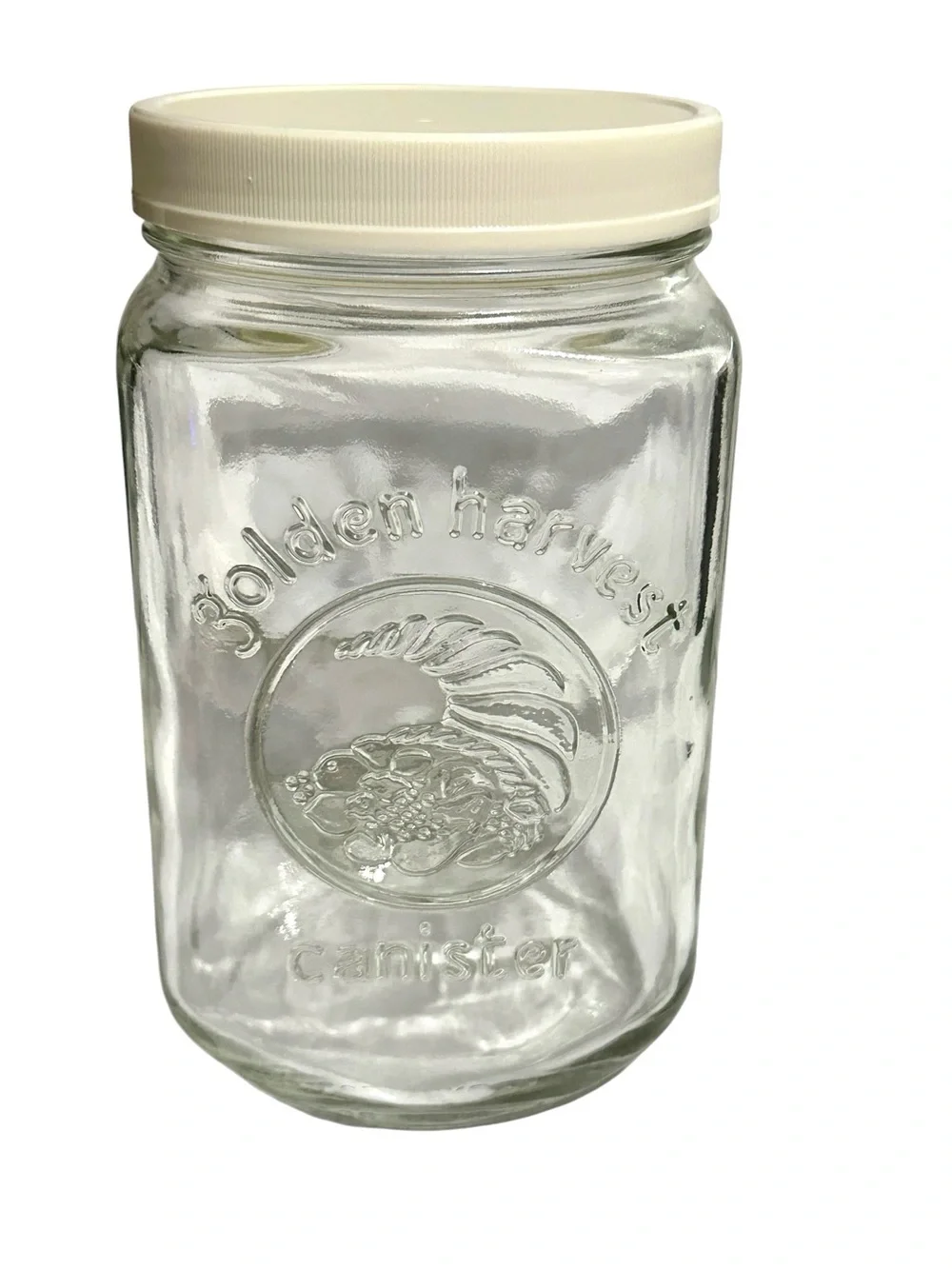 Vintage Golden Harvest Glass Canister | Embossed Cornucopia Farmhouse Kitchen St
